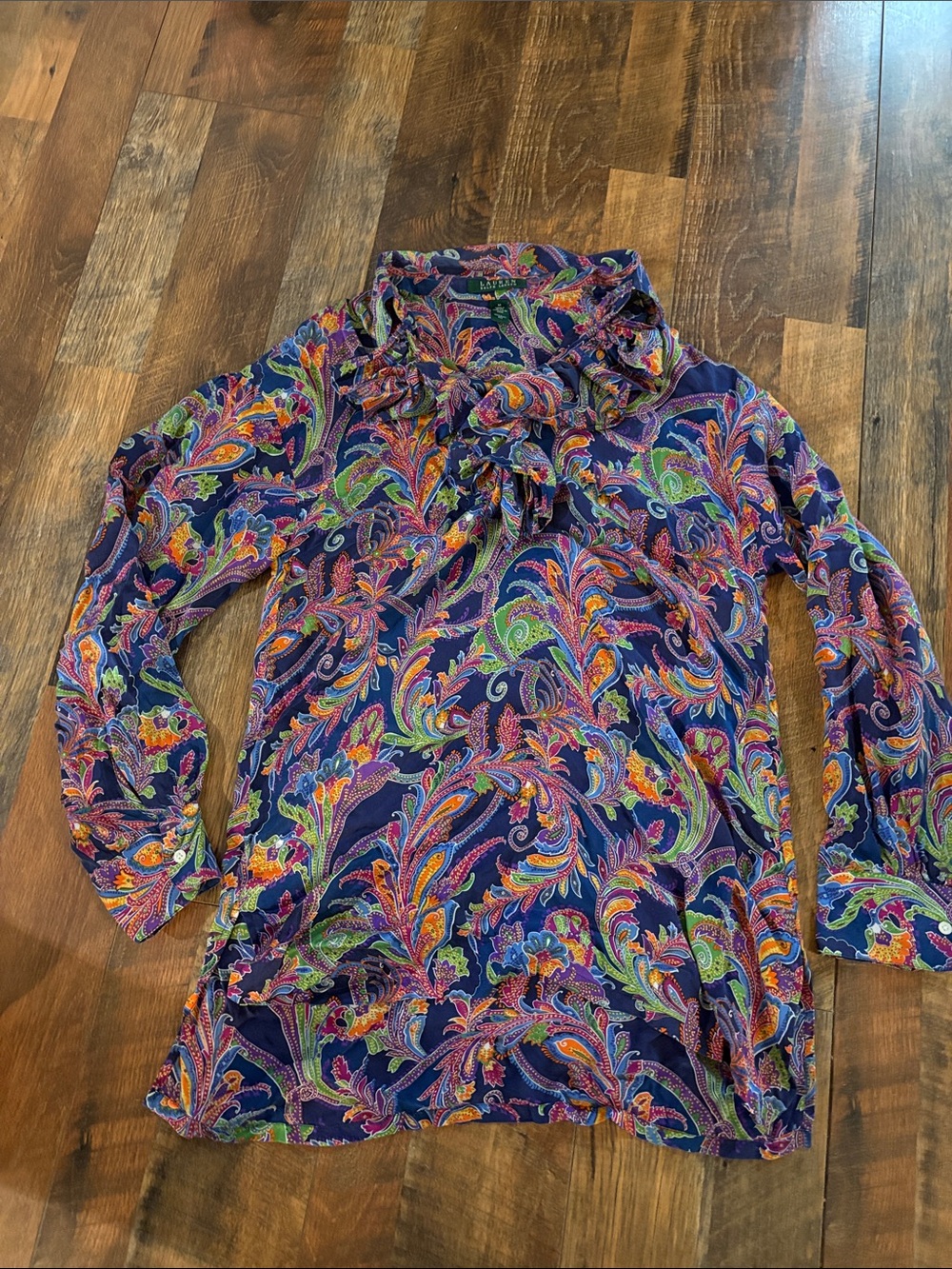 Lauren Ralph Lauren Silk Purple Paisley Ruffle-Neck Blouse M
